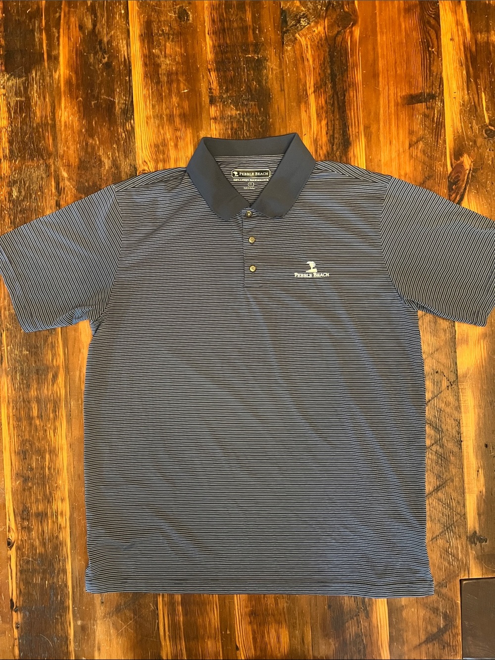 Pebble Beach Navy Micro-Striped Polo with Dark Collar